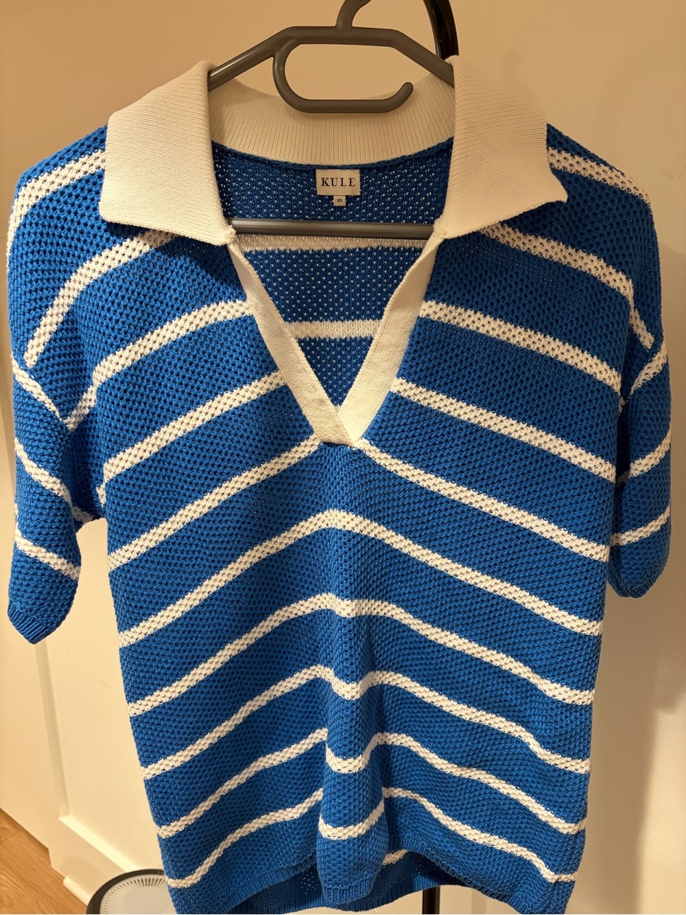 KULE Royal Blue and White Striped Open V Knit Polo